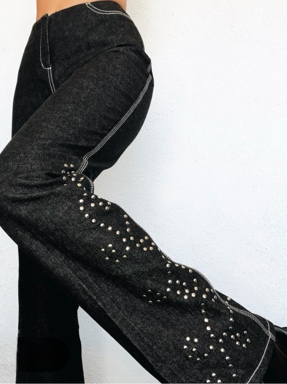Vtg Moda Intl Sold By Victoria’s Secret 8 Faded Black Studded Flare Jeans